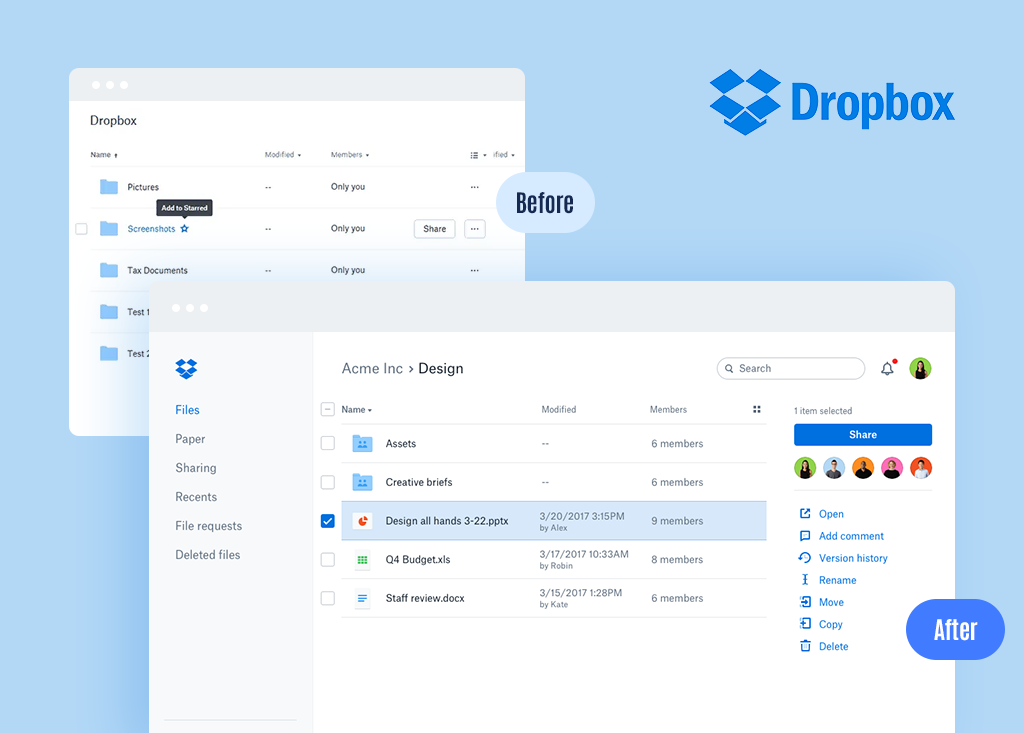 Before and After Comparison of Dropbox Website Redesign