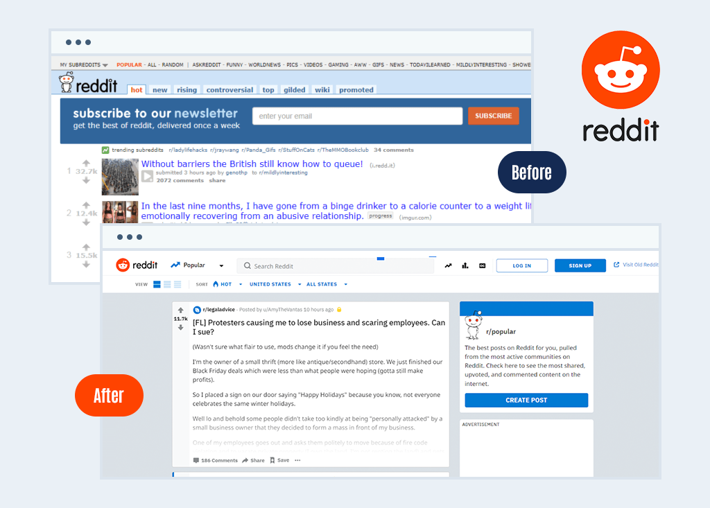 Before and After Comparison of Reddit Website Redesign