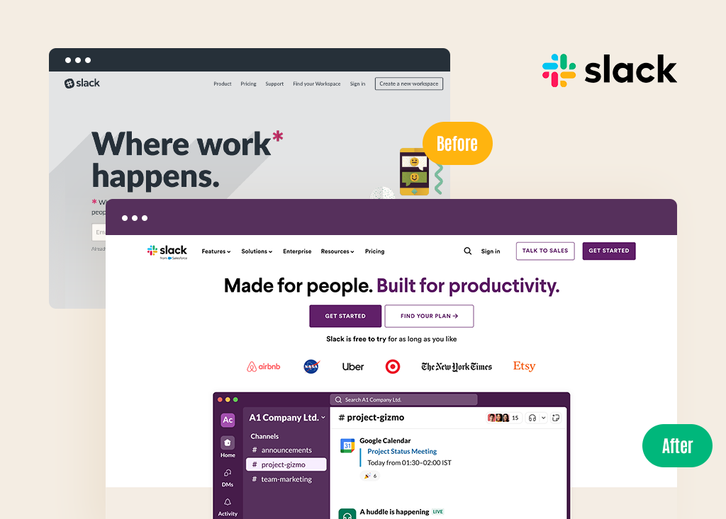 Before and After Comparison of Slack Website Redesign