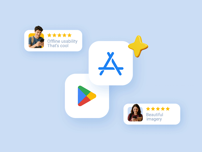 Five star reviews on App Store and Google Play