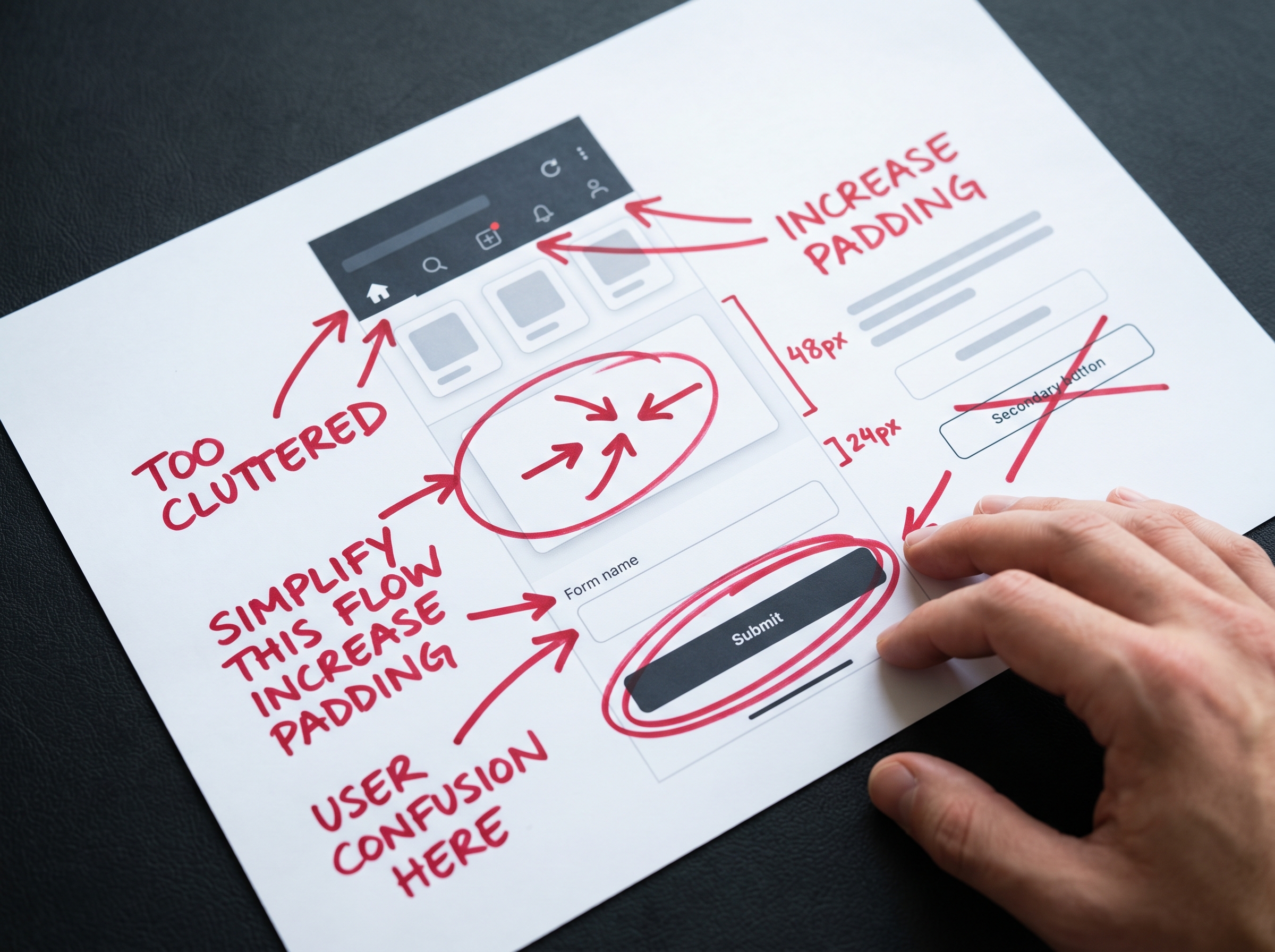 Designer marking up a wireframe with red editorial corrections